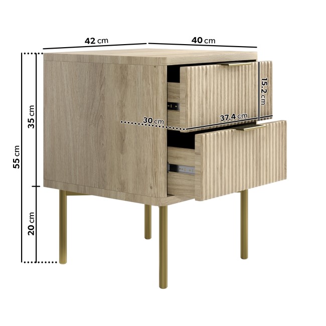 Oak and Gold Ribbed 2 Drawer Bedside Table with Legs - Valencia