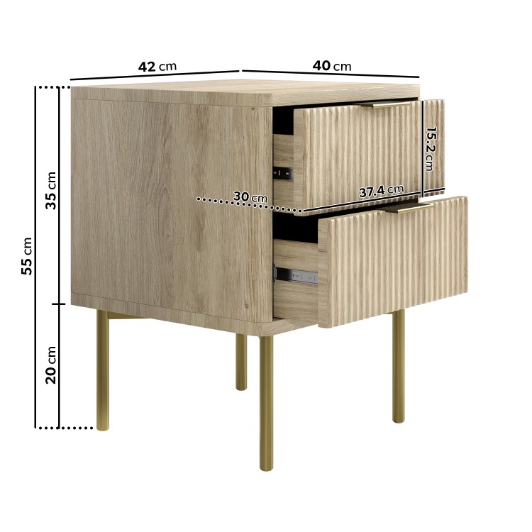 ALMOST PERFECT - Oak and Gold Ribbed 2 Drawer Bedside Table with Legs - Valencia