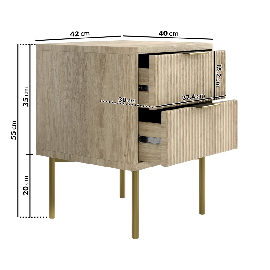 Oak and Gold Ribbed 2 Drawer Bedside Table with Legs - Valencia - Furniture123