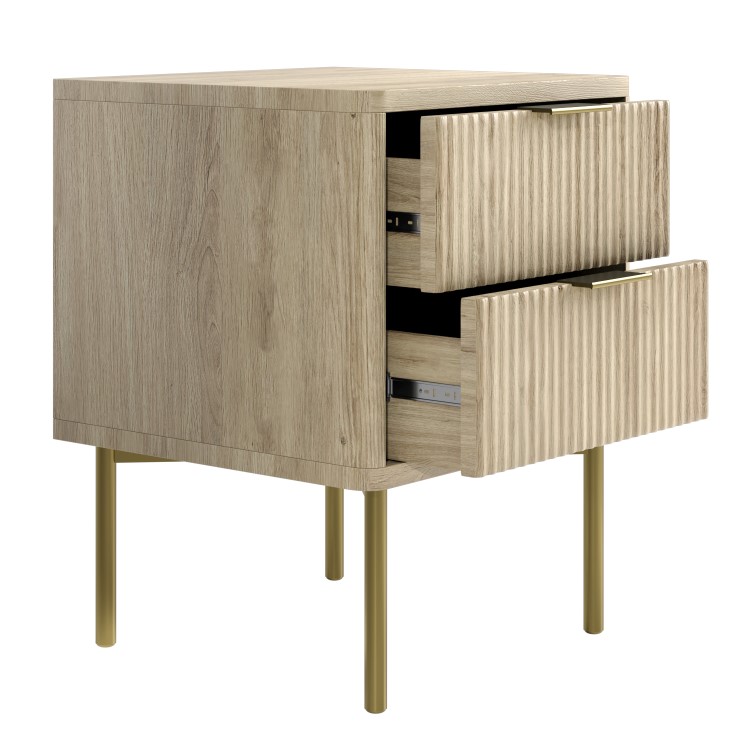 ALMOST PERFECT - Oak and Gold Ribbed 2 Drawer Bedside Table with Legs - Valencia