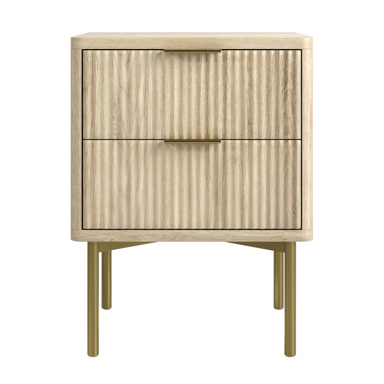 ALMOST PERFECT - Oak and Gold Ribbed 2 Drawer Bedside Table with Legs - Valencia