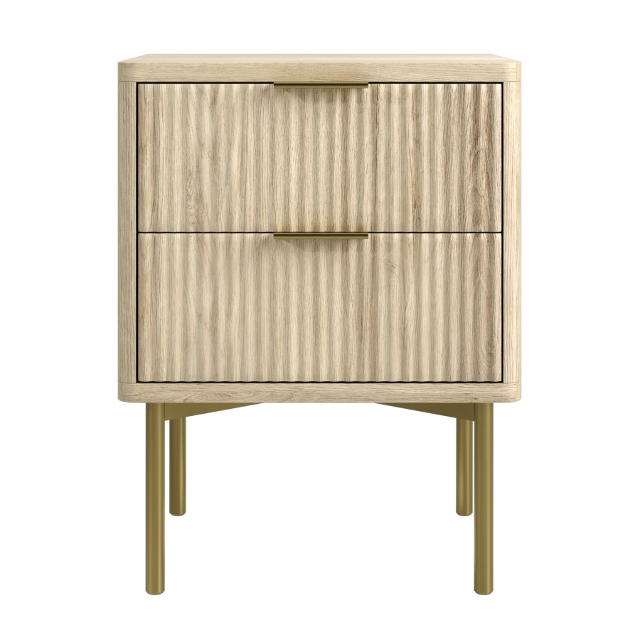 Oak and Gold Ribbed 2 Drawer Bedside Table with Legs - Valencia - Furniture123