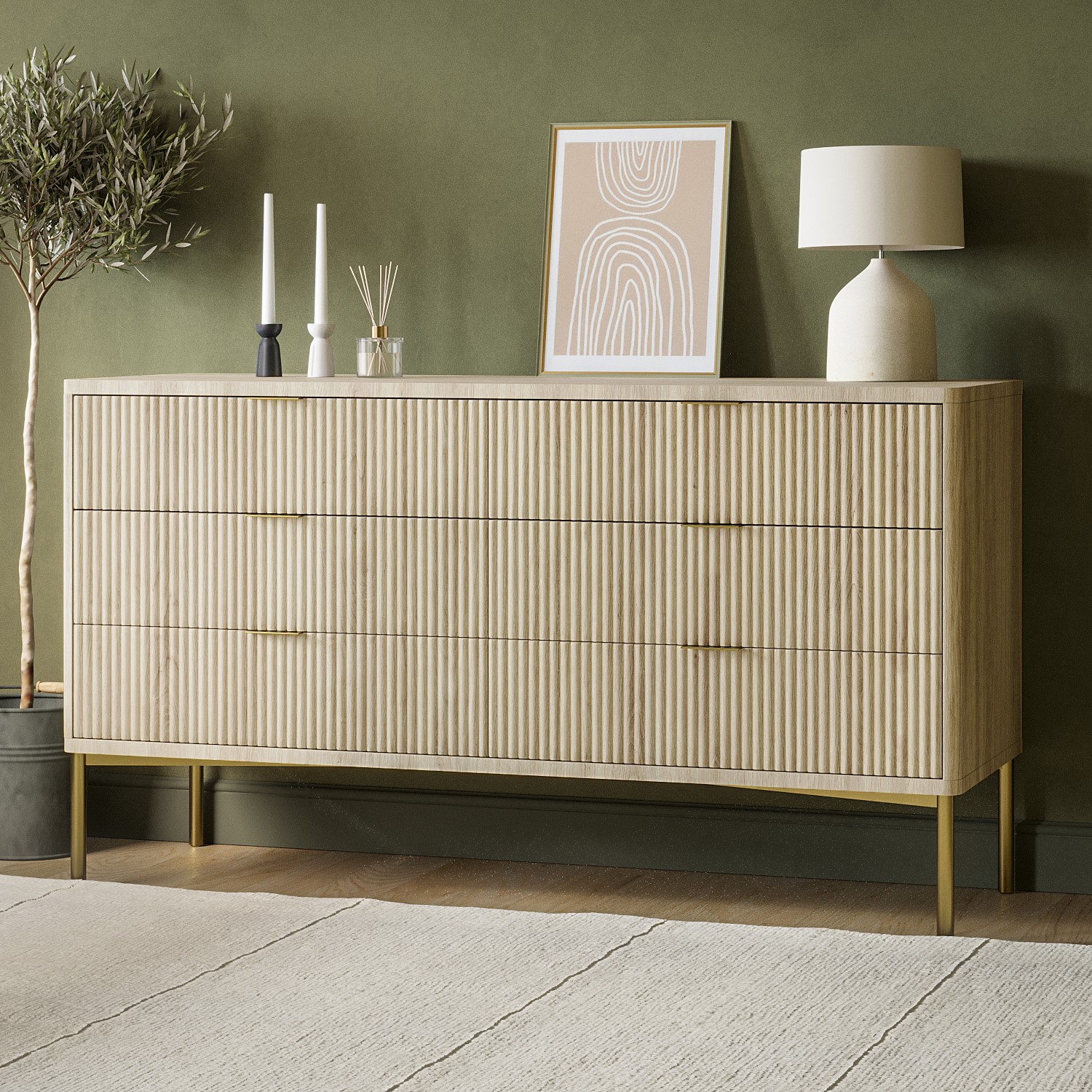Photo of Wide oak and gold ribbed chest of 6 drawers with legs - valencia