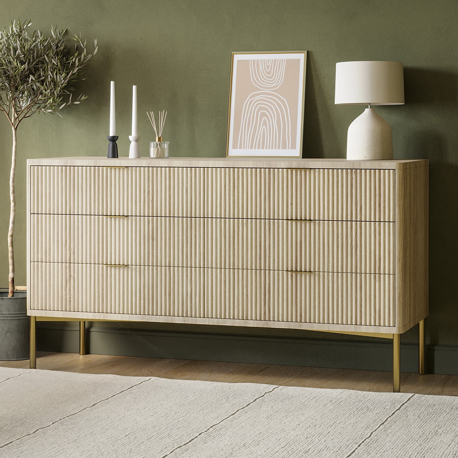 Wide Oak Ribbed Chest 6 Drawers Legs