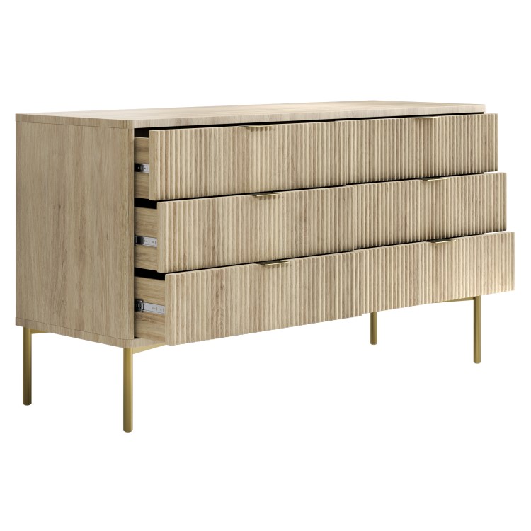 ONLY OPENED - Wide Oak and Gold Ribbed Chest of 6 Drawers with Legs - Valencia