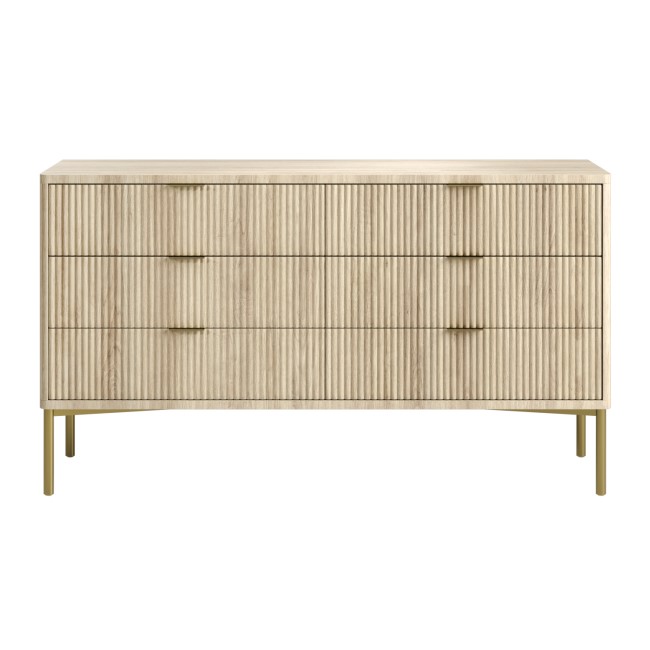 ONLY OPENED - Wide Oak and Gold Ribbed Chest of 6 Drawers with Legs - Valencia