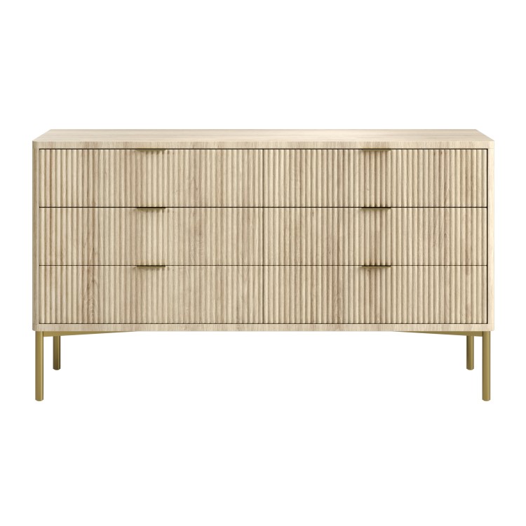 ONLY OPENED - Wide Oak and Gold Ribbed Chest of 6 Drawers with Legs - Valencia