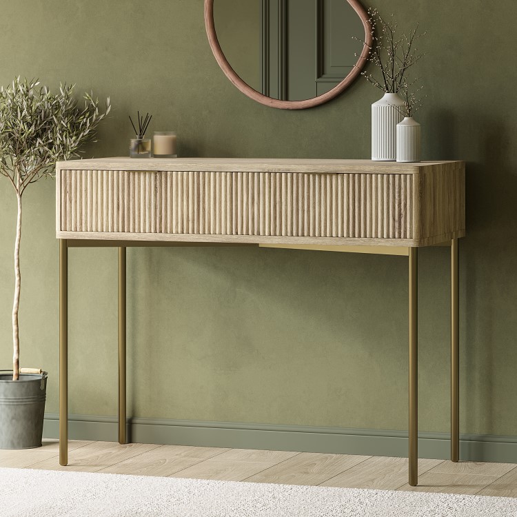 ALMOST PERFECT - Oak and Gold Ribbed Dressing Table with Storage Drawers - Valencia