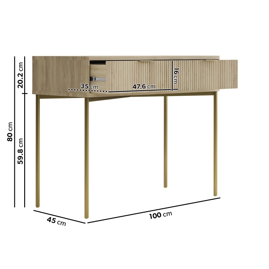 ONLY OPENED - Oak and Gold Ribbed Dressing Table with Storage Drawers - Valencia