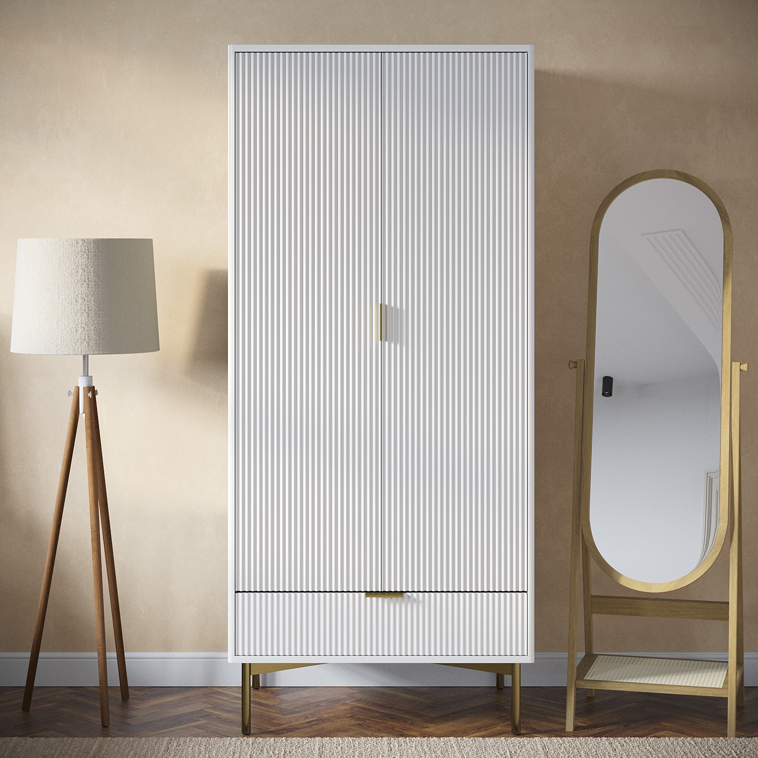 White Gloss Ribbed Double Wardrobe with Drawer - Valencia - Furniture123