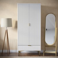 White Gloss Ribbed Double Wardrobe with Drawer - Valencia