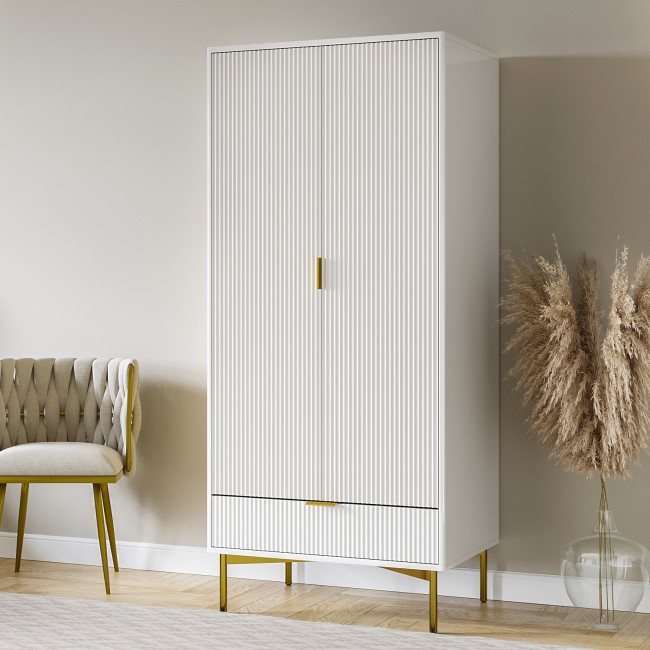 White Gloss Ribbed Double Wardrobe with Drawer - Valencia