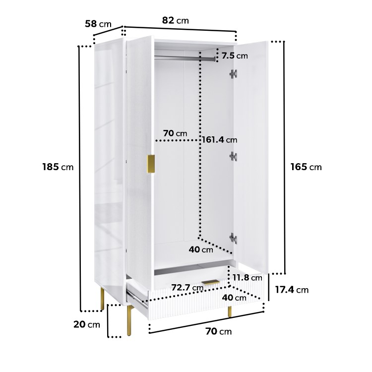 White Gloss Ribbed Double Wardrobe with Drawer - Valencia