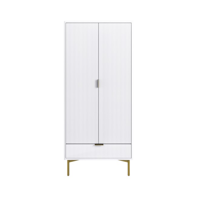 White Gloss Ribbed Double Wardrobe with Drawer - Valencia