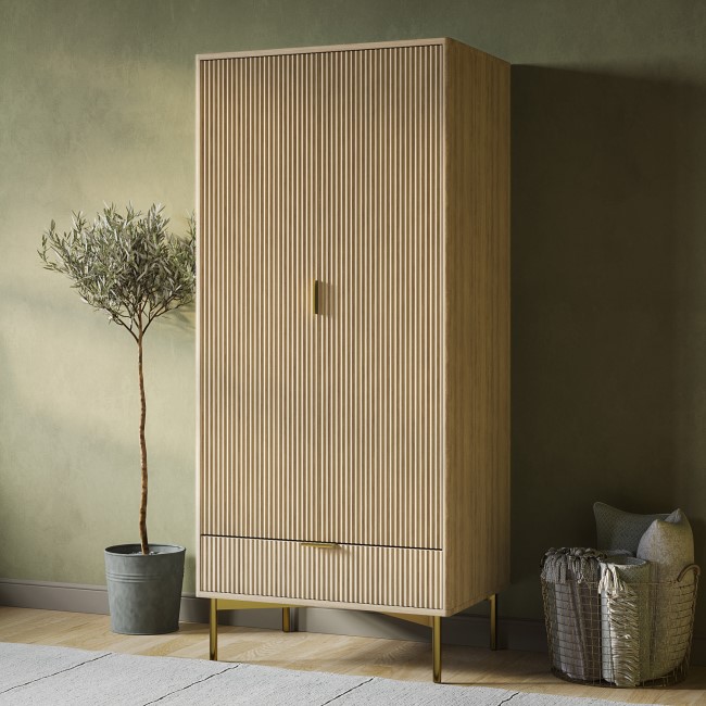 Oak and Gold Ribbed Double Wardrobe With Drawer - Valencia