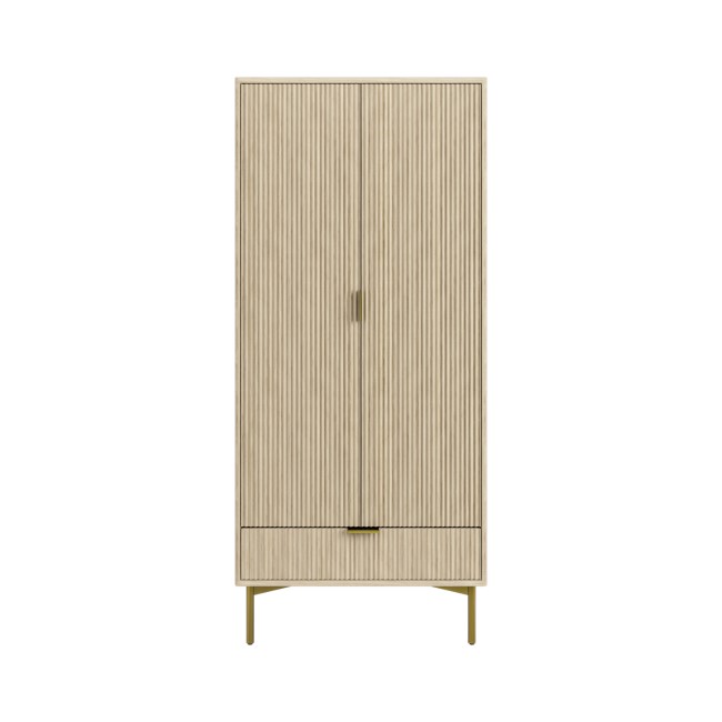 Oak and Gold Ribbed Double Wardrobe With Drawer - Valencia