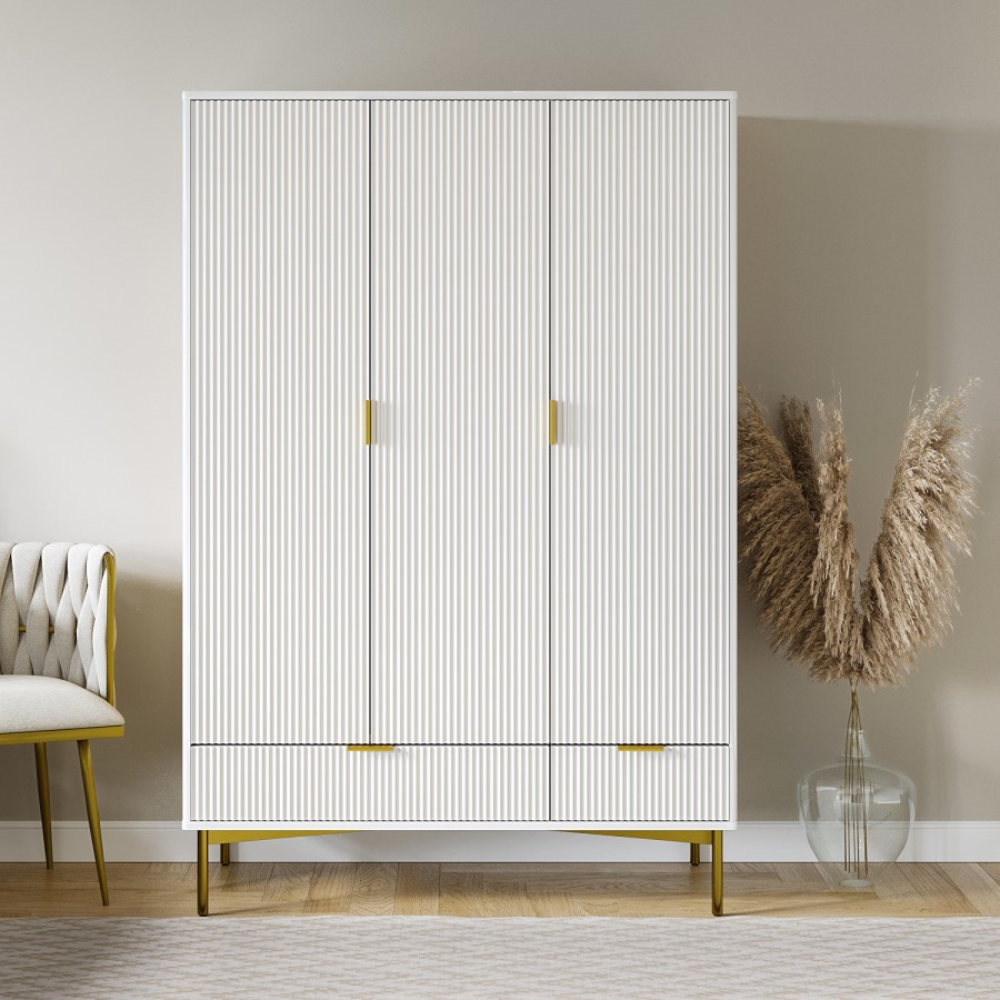 ONLY OPENED - White Gloss 3-Door Wardrobe with 2 Drawers - Valencia
