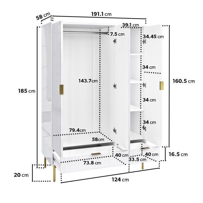 ONLY OPENED - White Gloss 3-Door Wardrobe with 2 Drawers - Valencia