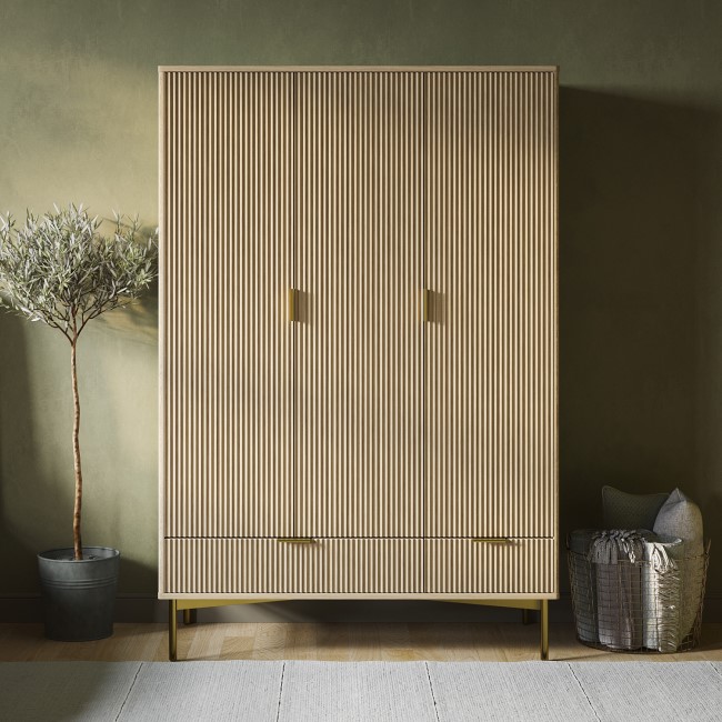 Oak and Gold Ribbed 3 Door Wardrobe with 2 Drawers - Valencia