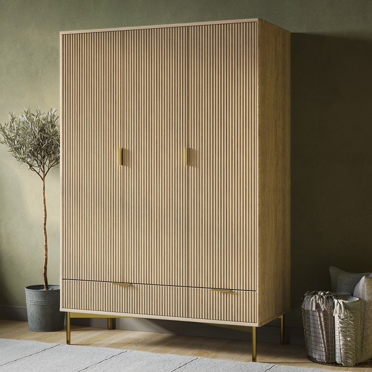 Oak and Gold Ribbed 3 Door Wardrobe with 2 Drawers - Valencia