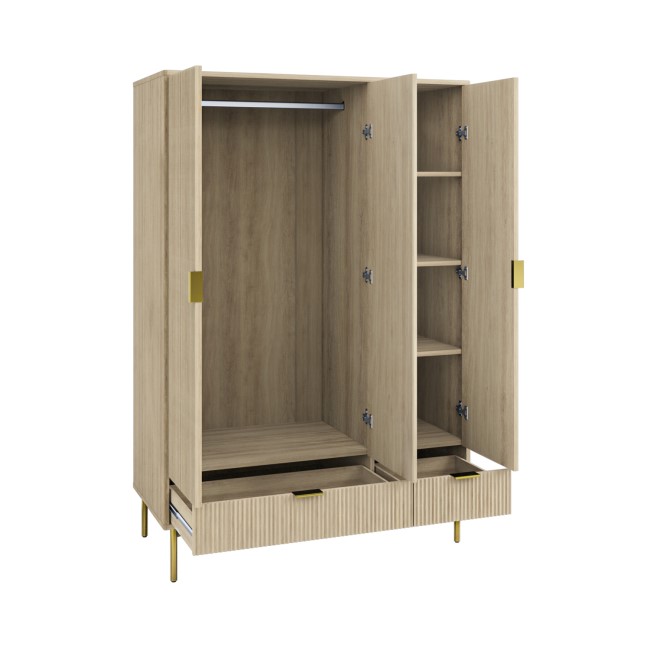 Oak and Gold Ribbed 3 Door Wardrobe with 2 Drawers - Valencia