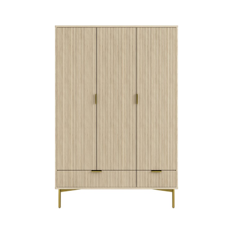 Oak and Gold Ribbed 3 Door Wardrobe with 2 Drawers - Valencia