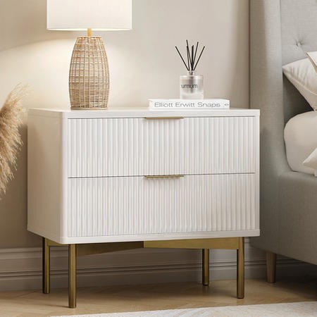 Wide White and Gold High Gloss 2 Drawer Bedside Table - Valencia ...