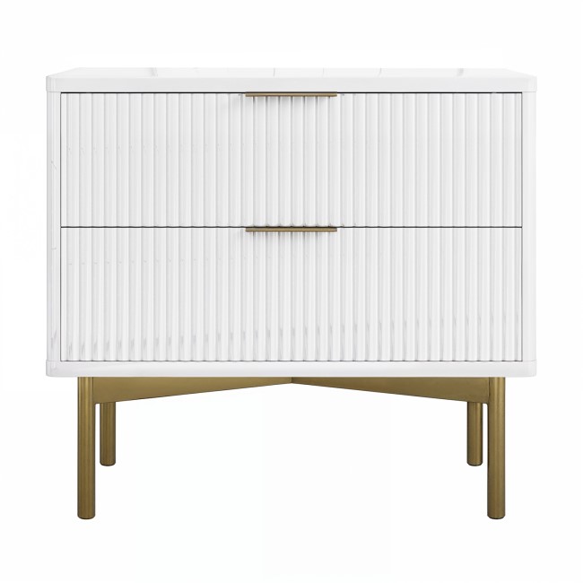 Wide White and Gold High Gloss 2 Drawer Bedside Table - Valencia