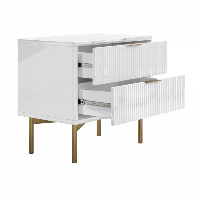 Wide White and Gold High Gloss 2 Drawer Bedside Table - Valencia