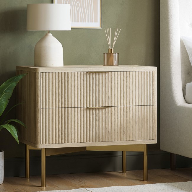 Wide Oak and Gold Ribbed 2 Drawer Bedside Table - Valencia