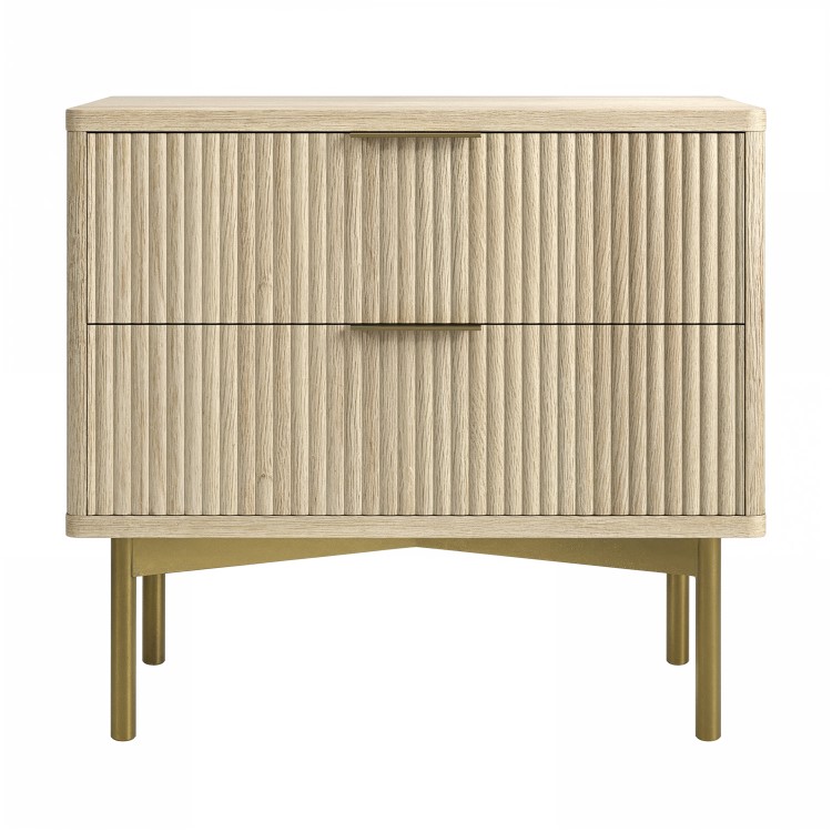 Wide Oak and Gold Ribbed 2 Drawer Bedside Table - Valencia