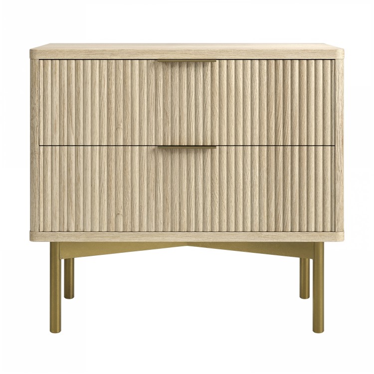 Wide Oak and Gold Ribbed 2 Drawer Bedside Table - Valencia - Furniture123