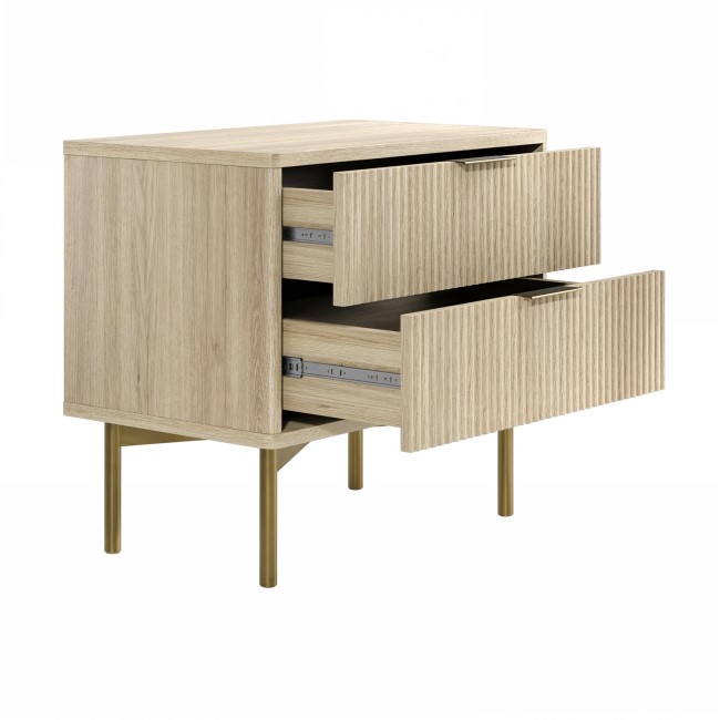 Wide Oak and Gold Ribbed 2 Drawer Bedside Table - Valencia