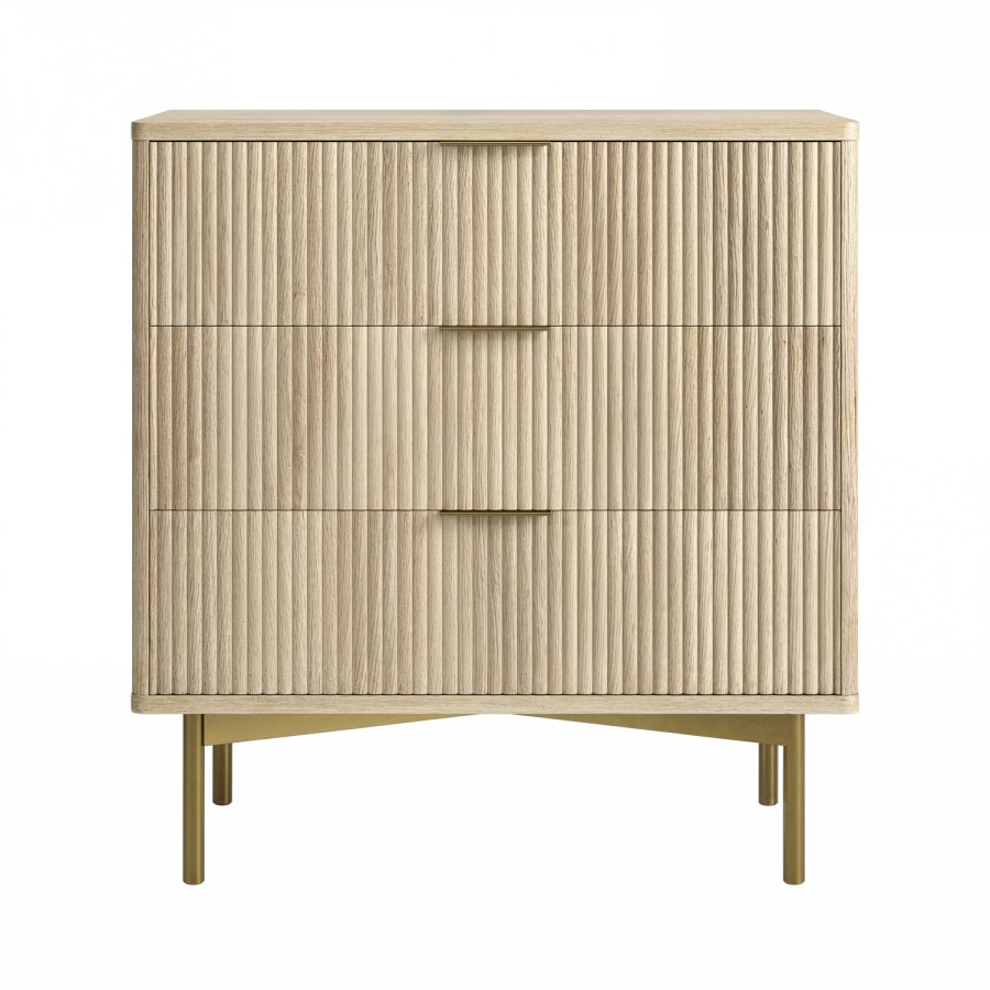 Oak and Gold Ribbed Chest of 3 Drawers - Valencia