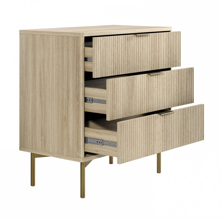 Oak and Gold Ribbed Chest of 3 Drawers - Valencia