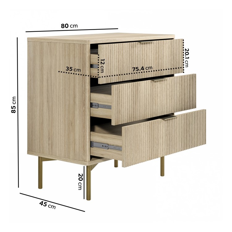 Oak and Gold Ribbed Chest of 3 Drawers - Valencia