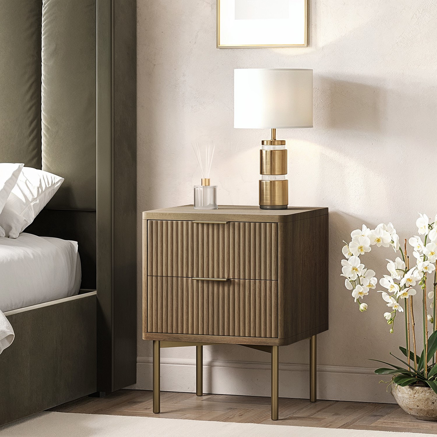White Ribbed Rounded Bedside Table Perth Dark Wood Ribbed 2 Drawer Bedside Table - Valencia - Furniture123