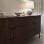 Wide Dark Wood Ribbed Chest of 6 Drawers with Bronze Legs - Valencia