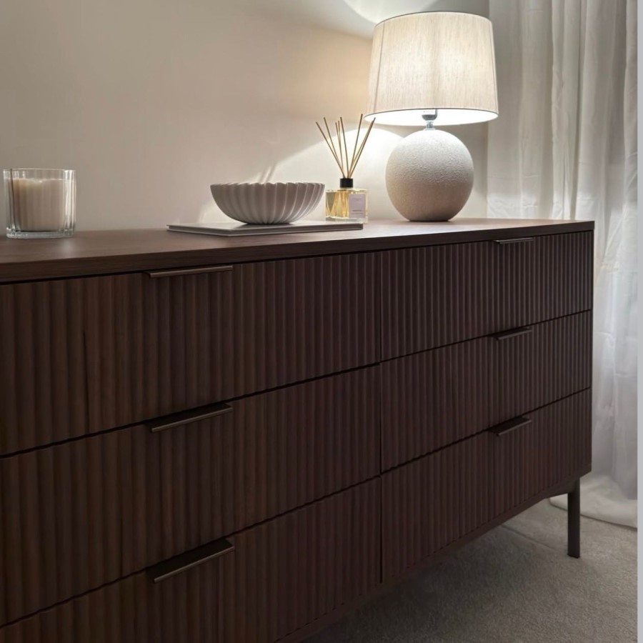 Wide Dark Wood Ribbed Chest of 6 Drawers with Bronze Legs - Valencia