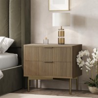 Wide Dark Wood and Gold Ribbed 2 Drawer Bedside Table - Valencia