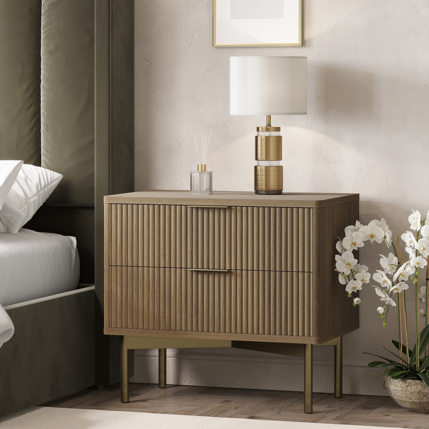Wide Dark Wood Ribbed 2 Drawer Bedside Table