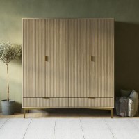 Light Oak Ribbed 4 Door Wardrobe with 2 Drawers - Valencia 