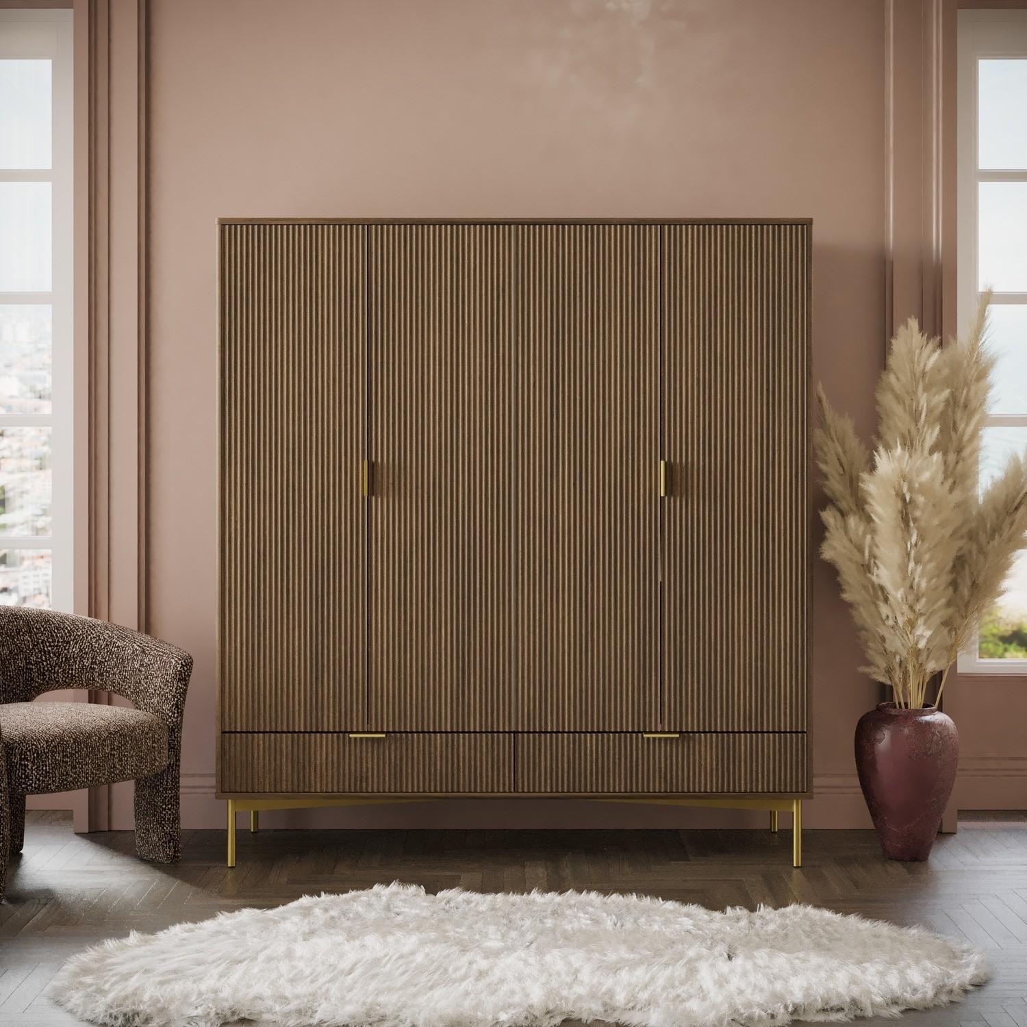 Dark Oak Ribbed 4 Door Wardrobe 2 Drawers