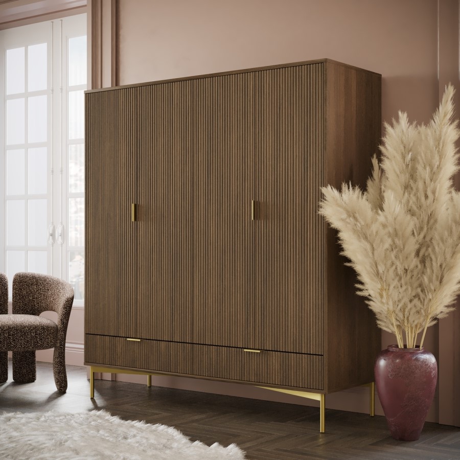 Dark Oak Ribbed 4 Door Wardrobe with 2 Drawers - Valencia 