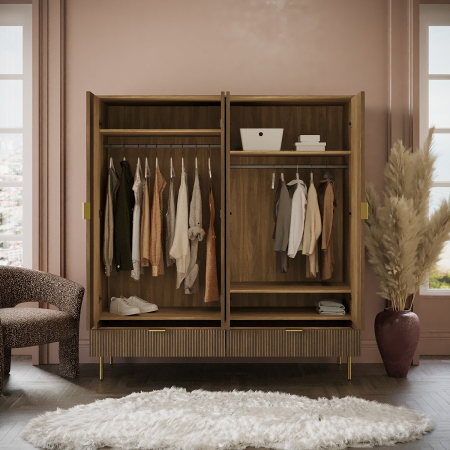 Dark Oak Ribbed 4 Door Wardrobe with 2 Drawers - Valencia 