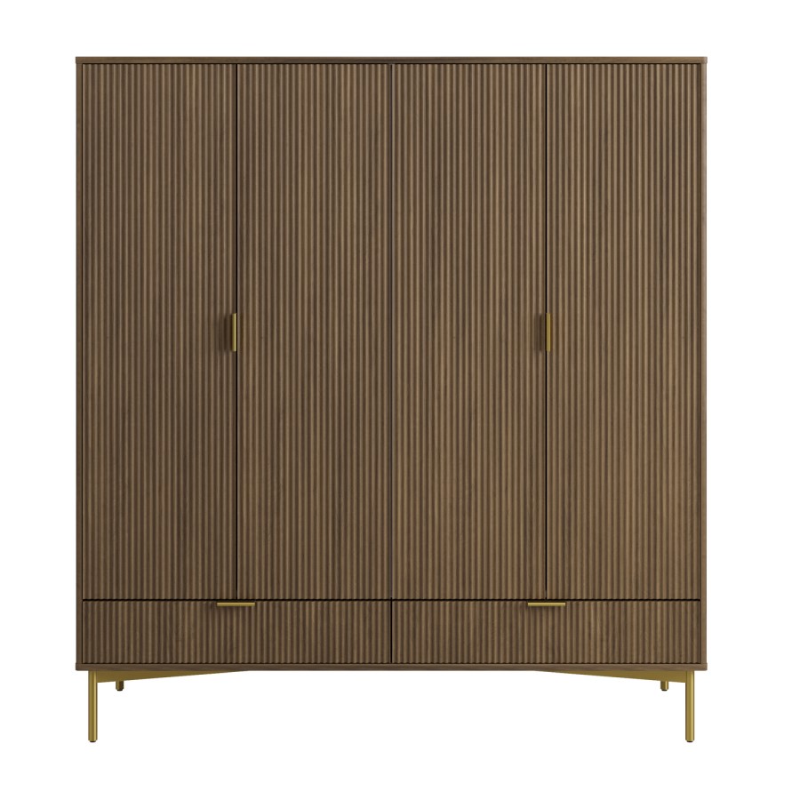 Dark Oak Ribbed 4 Door Wardrobe with 2 Drawers - Valencia 