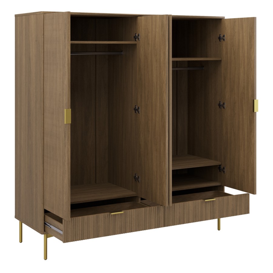 Dark Oak Ribbed 4 Door Wardrobe with 2 Drawers - Valencia 