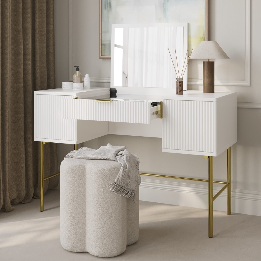 White Ribbed Dressing Table with Storage and Fold-Out Mirror - Valencia 