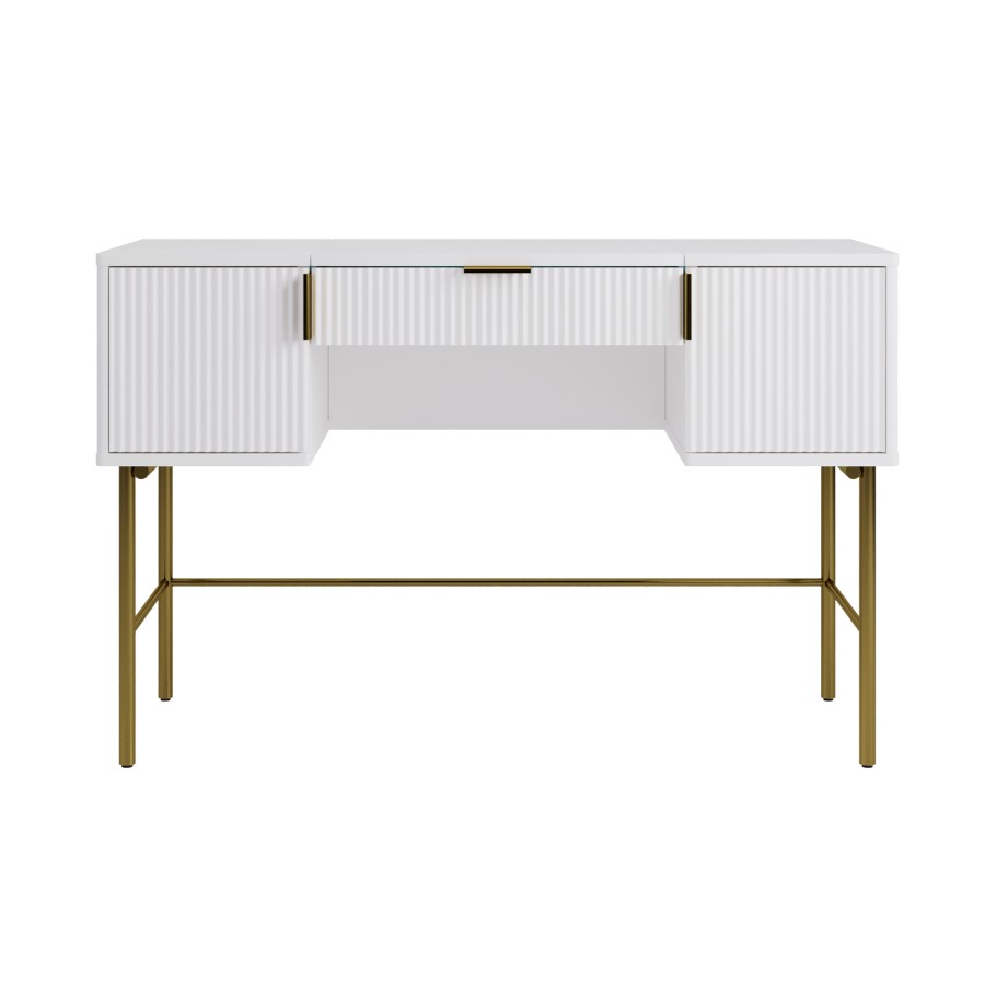White Ribbed Dressing Table with Storage and Fold-Out Mirror - Valencia 