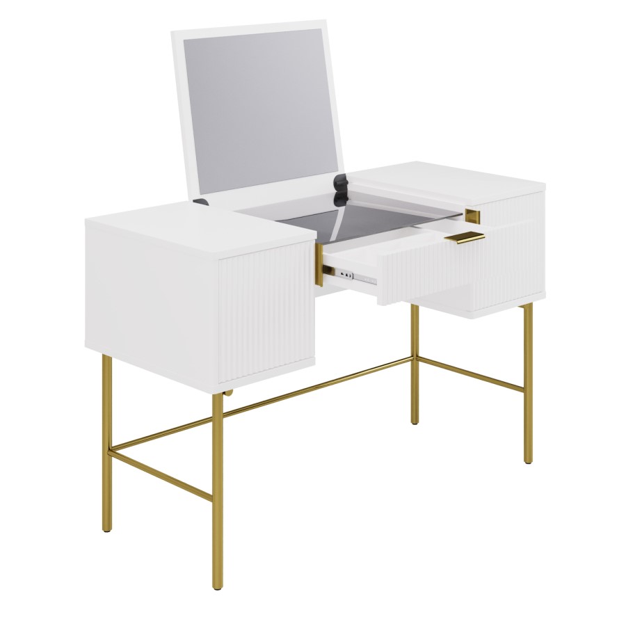White Ribbed Dressing Table with Storage and Fold-Out Mirror - Valencia 